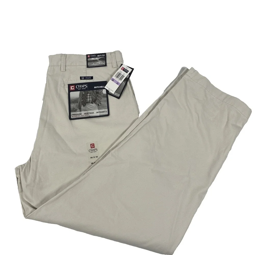 Y2K Mens Chaps Mitchell Relaxed Fit Flat Front Cream Chino Pants Size 38x32 NWT
